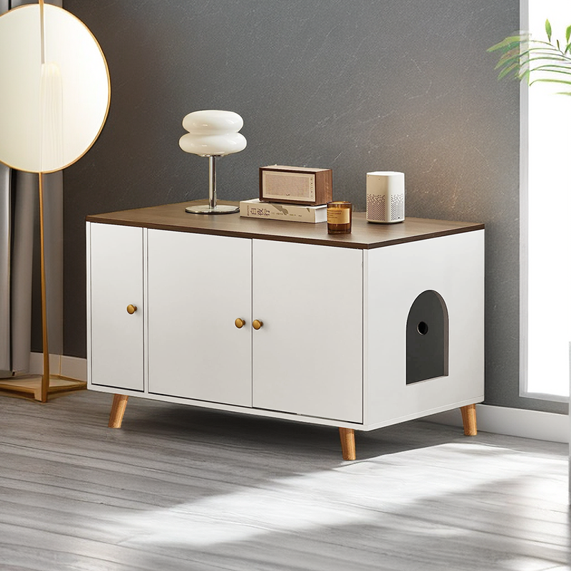 2 Cats Litter Box Furniture Large Pet Crate Washroom with Storage Cabinet
