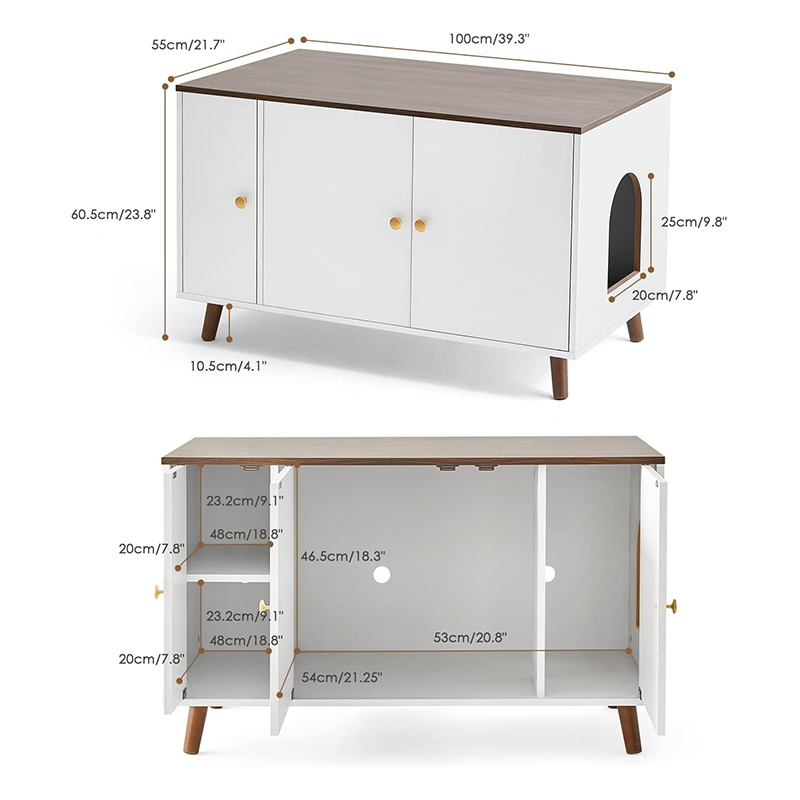 2 Cats Litter Box Furniture Large Pet Crate Washroom with Storage Cabinet