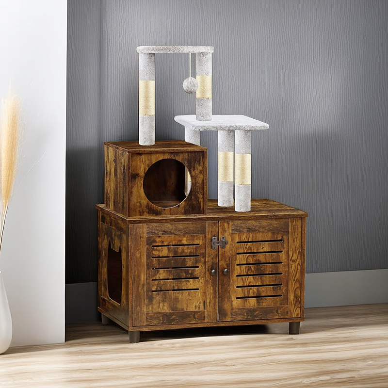 All-in-one Wooden Cat Litter Cabinet with Scratching Post and Condo