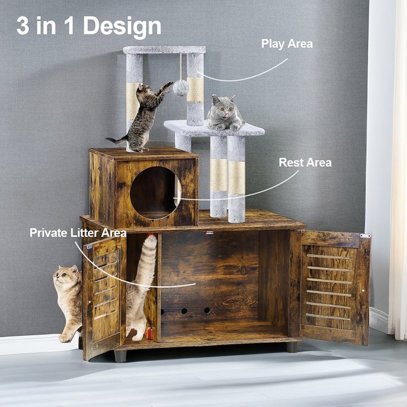 All-in-one Wooden Cat Litter Cabinet with Scratching Post and Condo