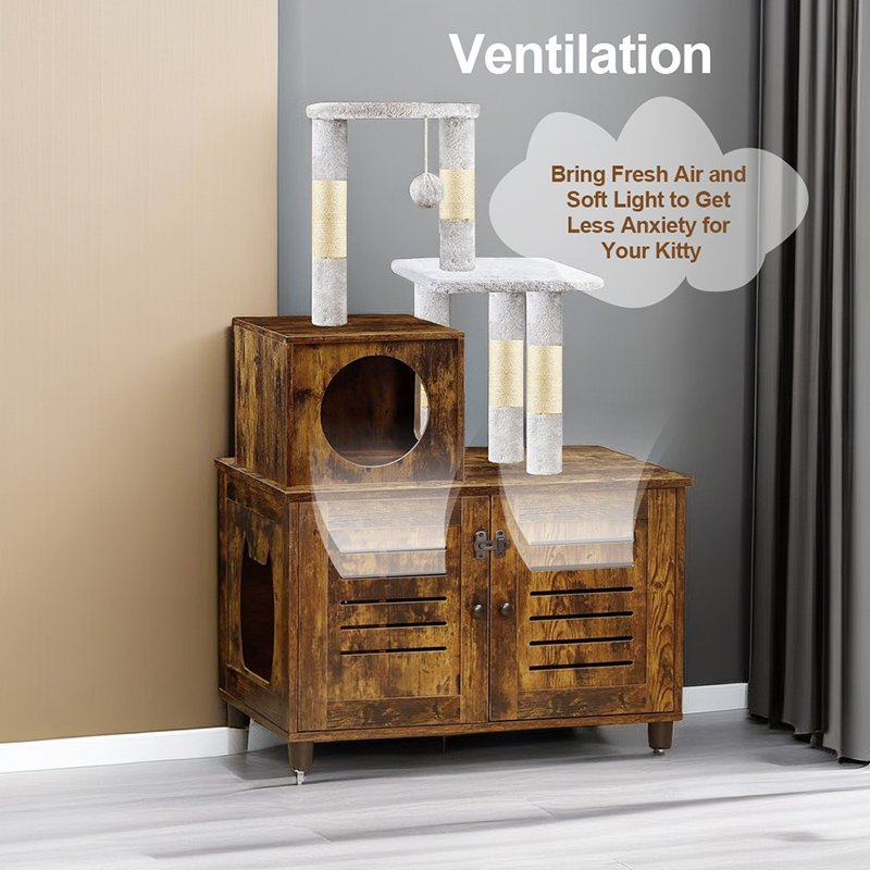 All-in-one Wooden Cat Litter Cabinet with Scratching Post and Condo