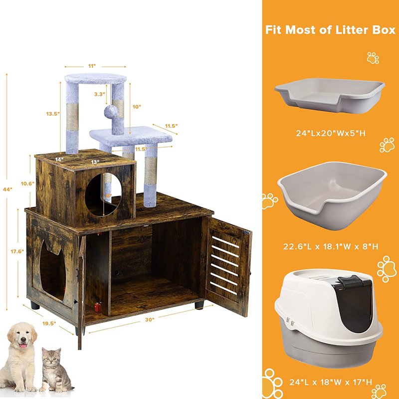 All-in-one Wooden Cat Litter Cabinet with Scratching Post and Condo