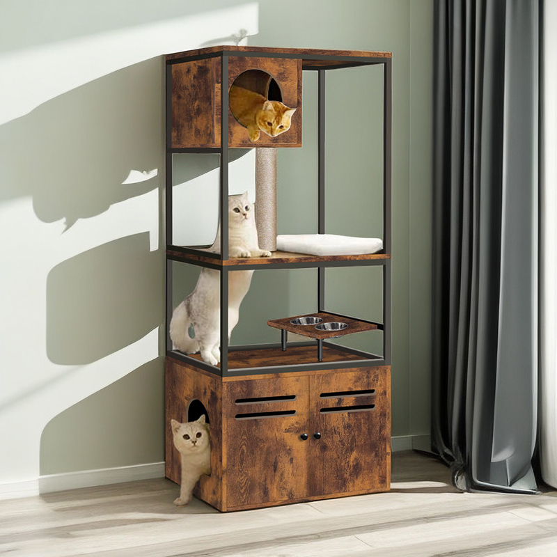 Cat Litter Box Enclosure 3 Level Cat Tree Tower with Elevated Cat Feeding Bowl Scratching Posts
