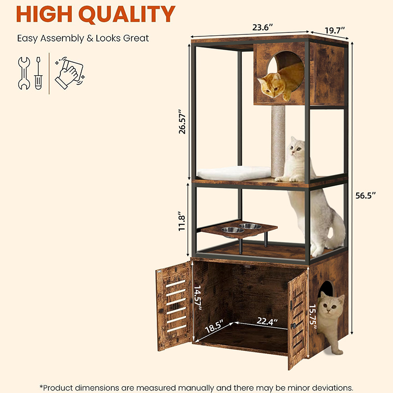 Cat Litter Box Enclosure 3 Level Cat Tree Tower with Elevated Cat Feeding Bowl Scratching Posts