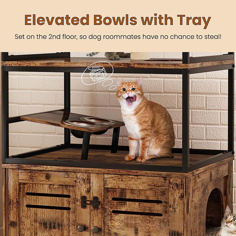 Cat Litter Box Enclosure 3 Level Cat Tree Tower with Elevated Cat Feeding Bowl Scratching Posts