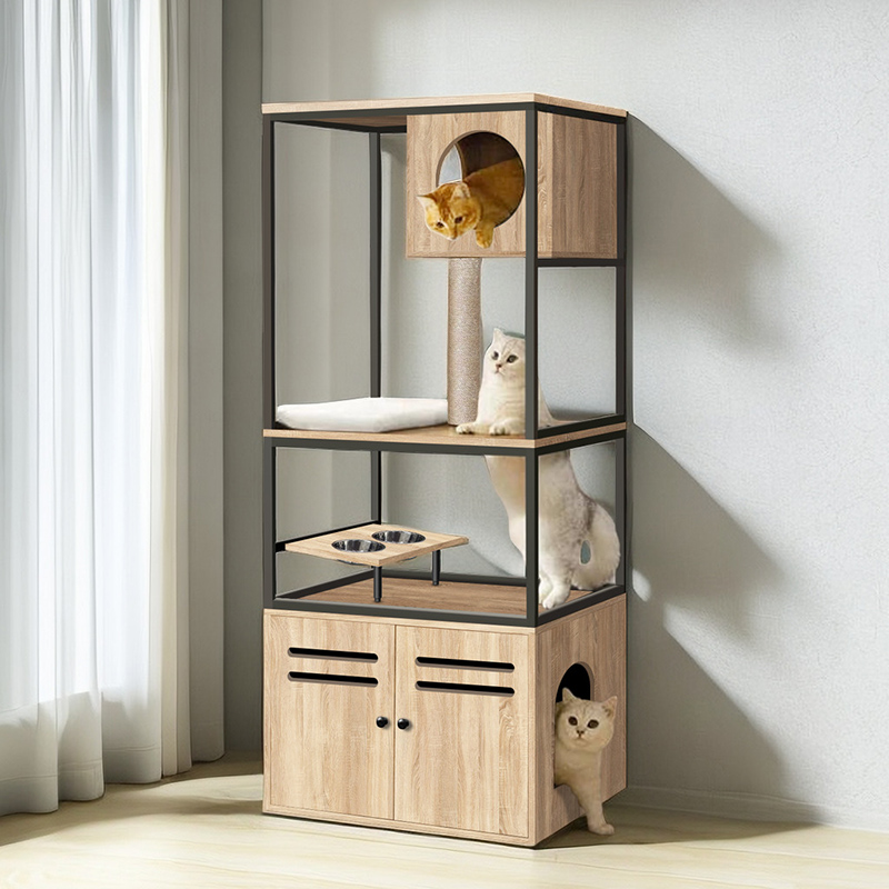 Cat Litter Box Enclosure 3 Level Cat Tree Tower with Elevated Cat Feeding Bowl Scratching Posts