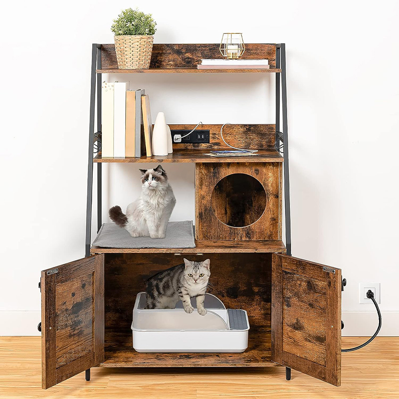 Cat Litter Box Enclosure with 2 Storage Shelves and Charging Station