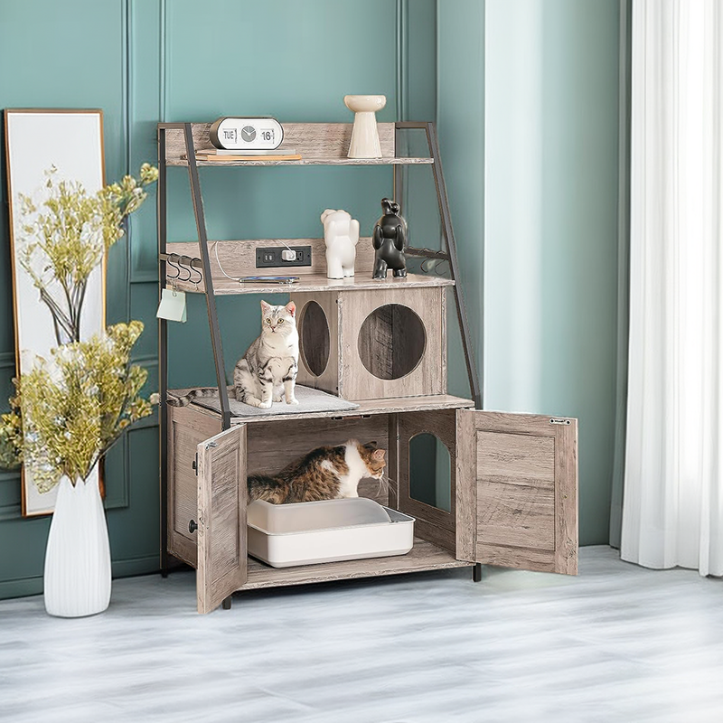 Cat Litter Box Enclosure with 2 Storage Shelves and Charging Station