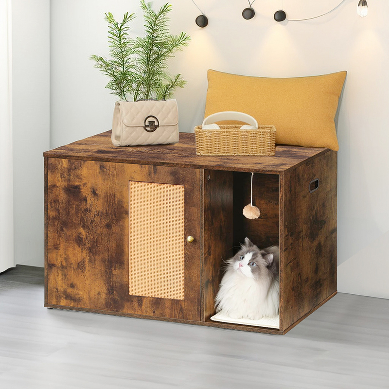 Cat Litter Box Enclosure with Rattan Door