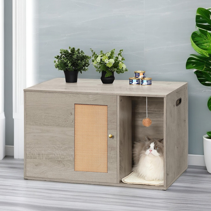 Cat Litter Box Enclosure with Rattan Door