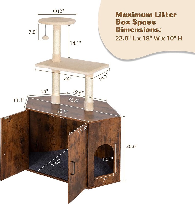 Cat Litter Box Furniture Enclosure Hidden with Corner Cat Tree Combo