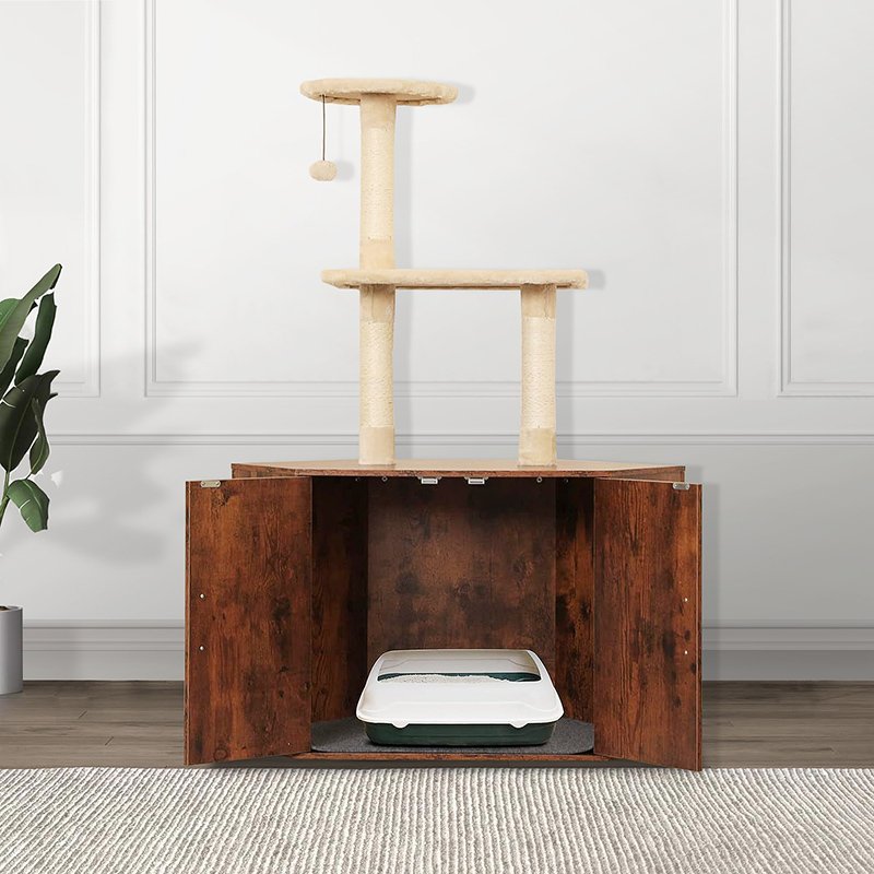 Cat Litter Box Furniture Enclosure Hidden with Corner Cat Tree Combo