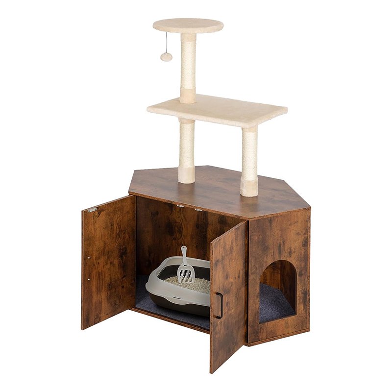 Cat Litter Box Furniture Enclosure Hidden with Corner Cat Tree Combo