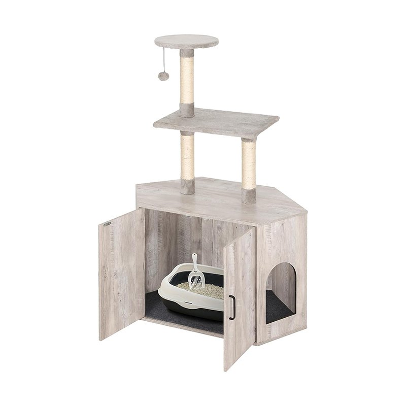 Cat Litter Box Furniture Enclosure Hidden with Corner Cat Tree Combo