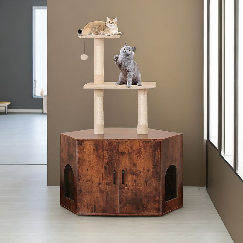 Cat Litter Box Furniture Enclosure Hidden with Corner Cat Tree Combo