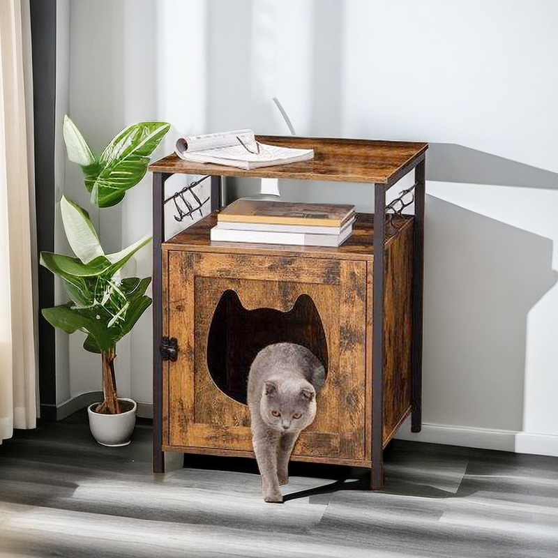 Cat Litter Box Furniture Hidden with 6 Movable Hooks Single Door Pet Box Cabinet