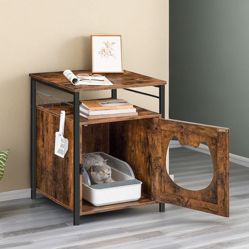 Cat Litter Box Furniture Hidden with 6 Movable Hooks Single Door Pet Box Cabinet