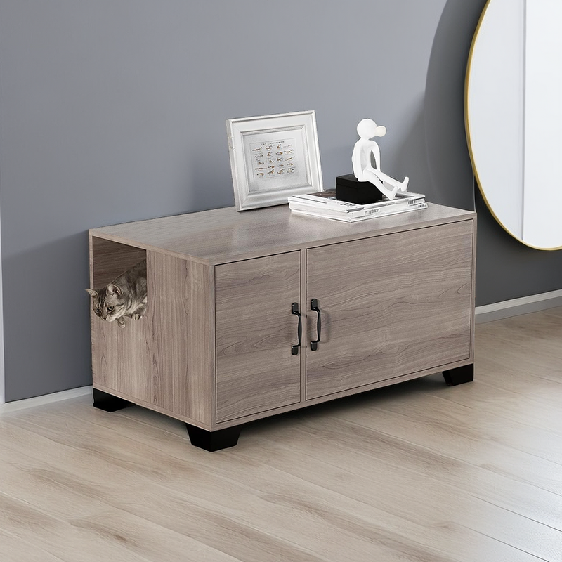 Cat Litter Box Furniture with Doors Wooden Pet Washroom with Divider