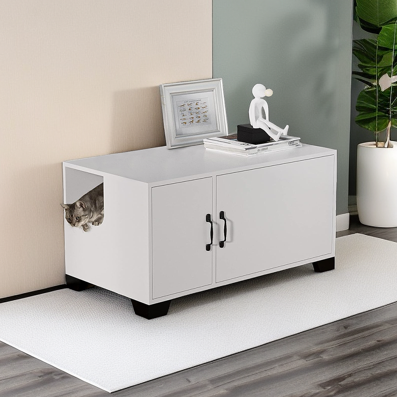 Cat Litter Box Furniture with Doors Wooden Pet Washroom with Divider