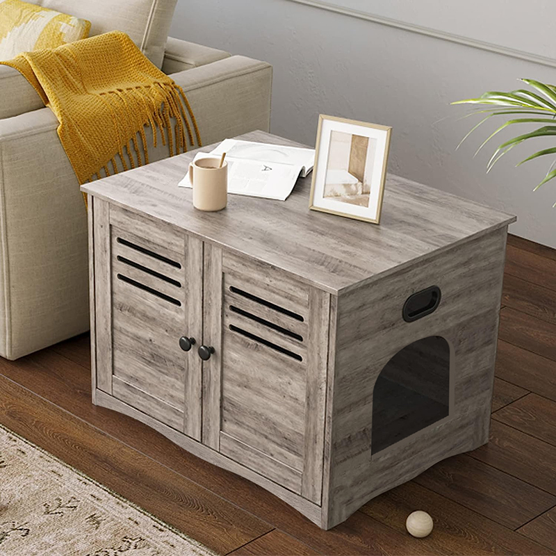 Cat Litter House with Louvered Doors Entrance Can Be on Left or Right