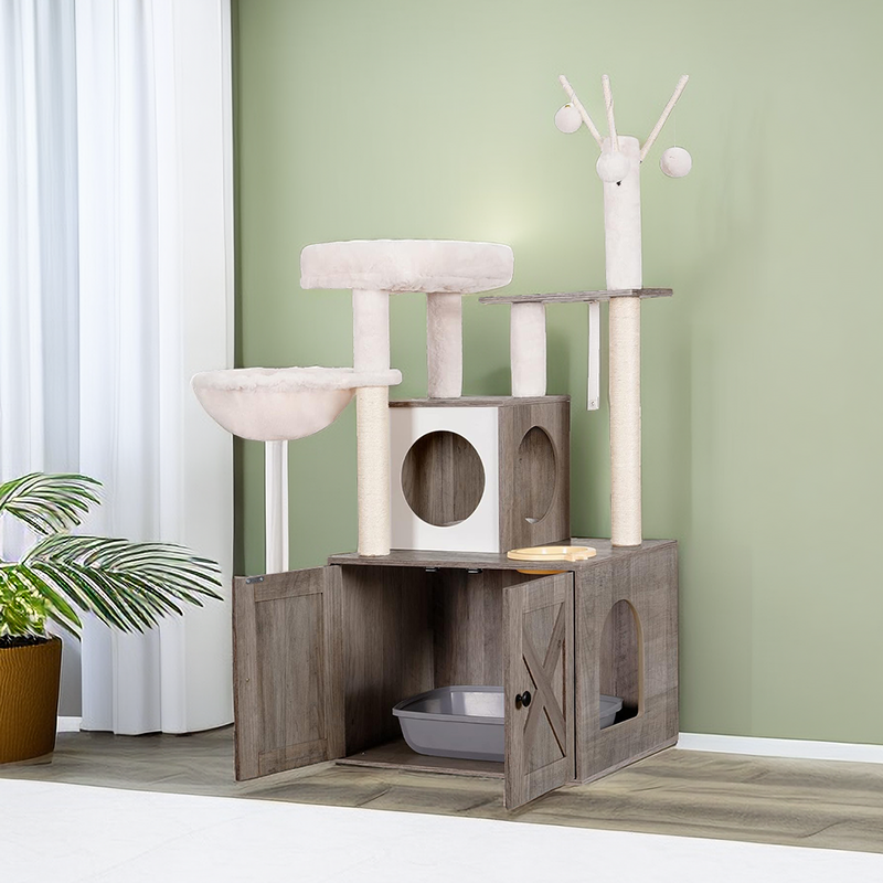 Cat Tree Wooden Litter Box Enclosure with Food Station Hammock