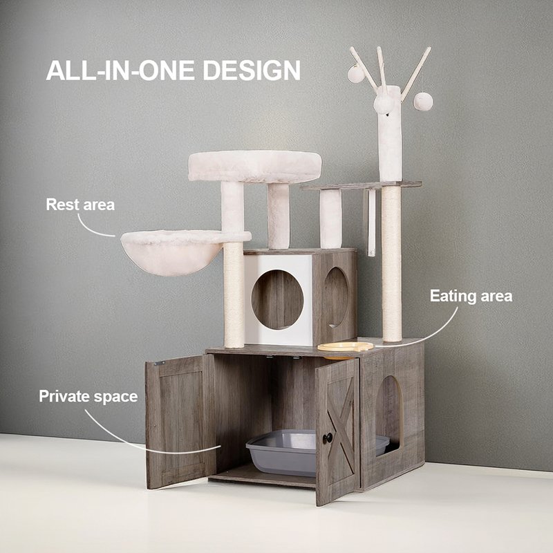 Cat Tree Wooden Litter Box Enclosure with Food Station Hammock