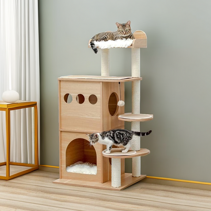 Cat Tree Wooden Multi-Level Cat Scraper Tower Nest Cat Climbing Frame