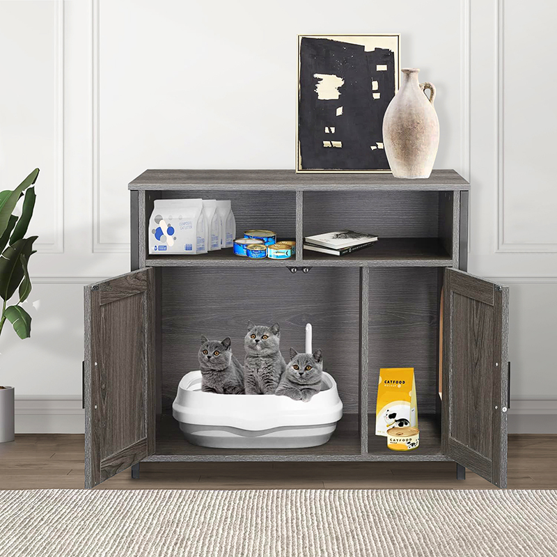 Hidden Cat Washroom Litter Storage Bench with Sturdy Wooden Structure and Double Door