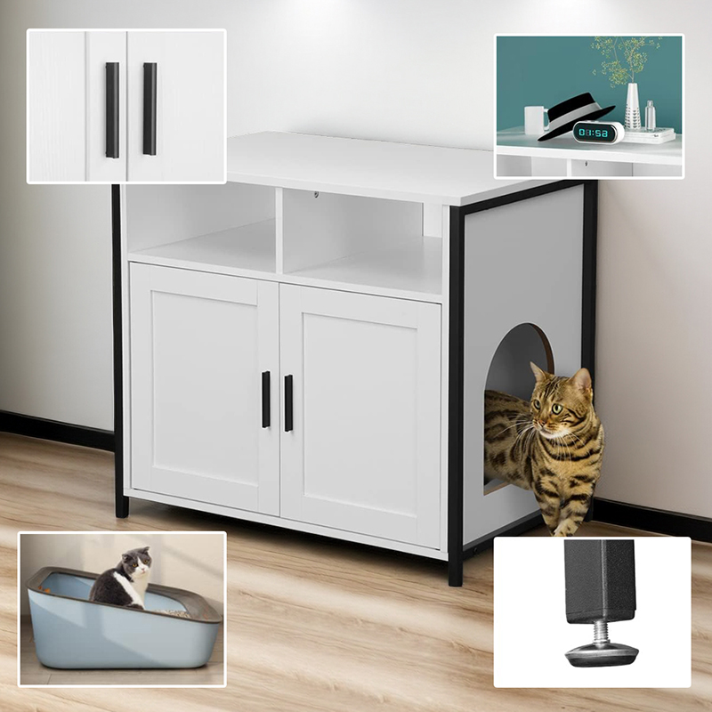 Hidden Cat Washroom Litter Storage Bench with Sturdy Wooden Structure and Double Door