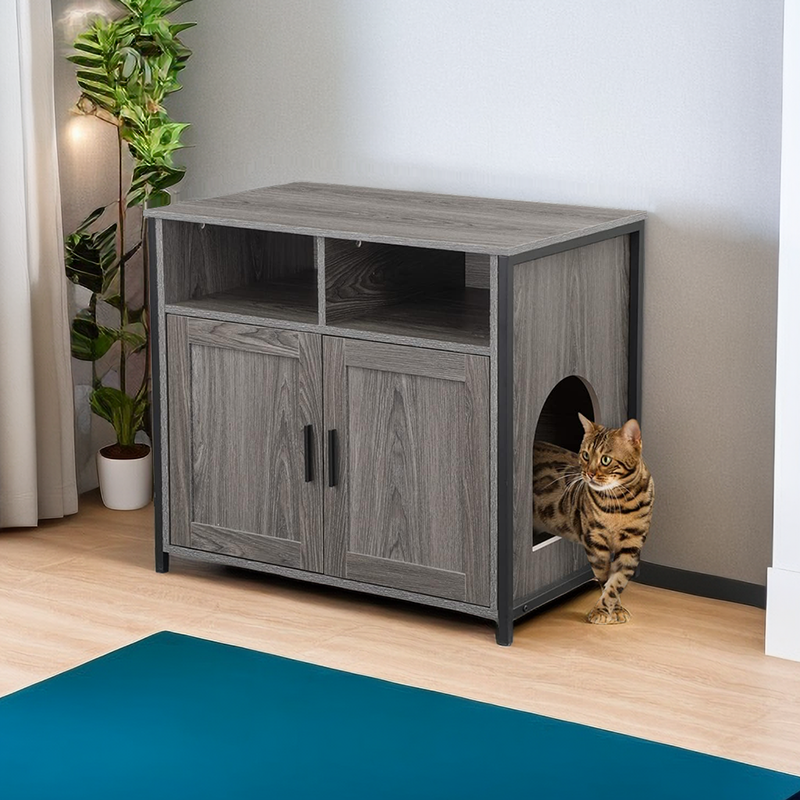 Hidden Cat Washroom Litter Storage Bench with Sturdy Wooden Structure and Double Door