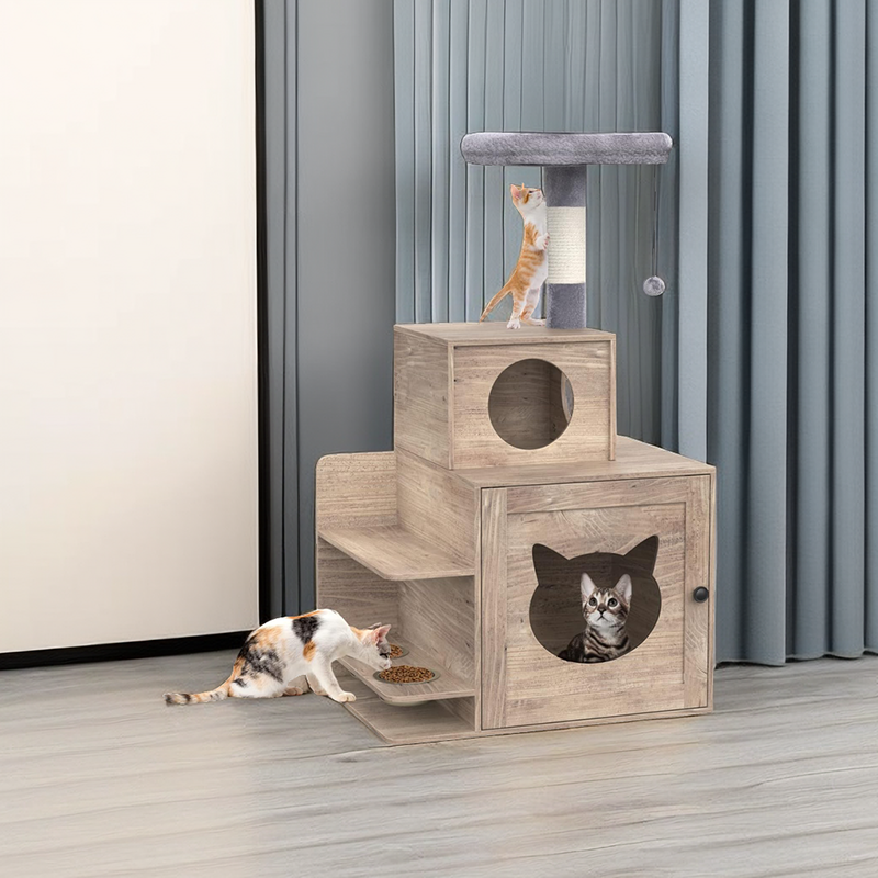 Indoor Kitty House with Sisal Scratching Posts and Food Station