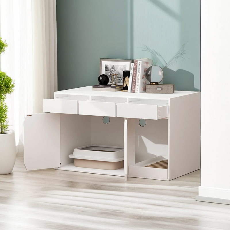 Modern Wood Cat Litter Box Enclosure with Drawers