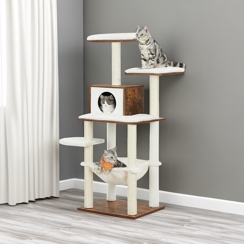 Multi-Level Cat Condo with Ultra-Soft Plush & Scratching Posts & Hammock with Removable Washable Cushions