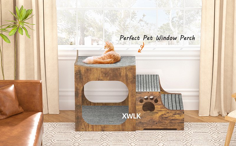 Pet Window Perch with Stairs and Drawers for Bedside