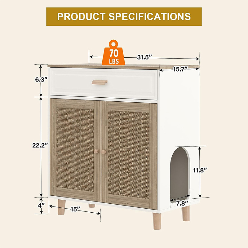 Wooden Cat House & Washroom Cabinet with Scratching Board Doors and Drawer