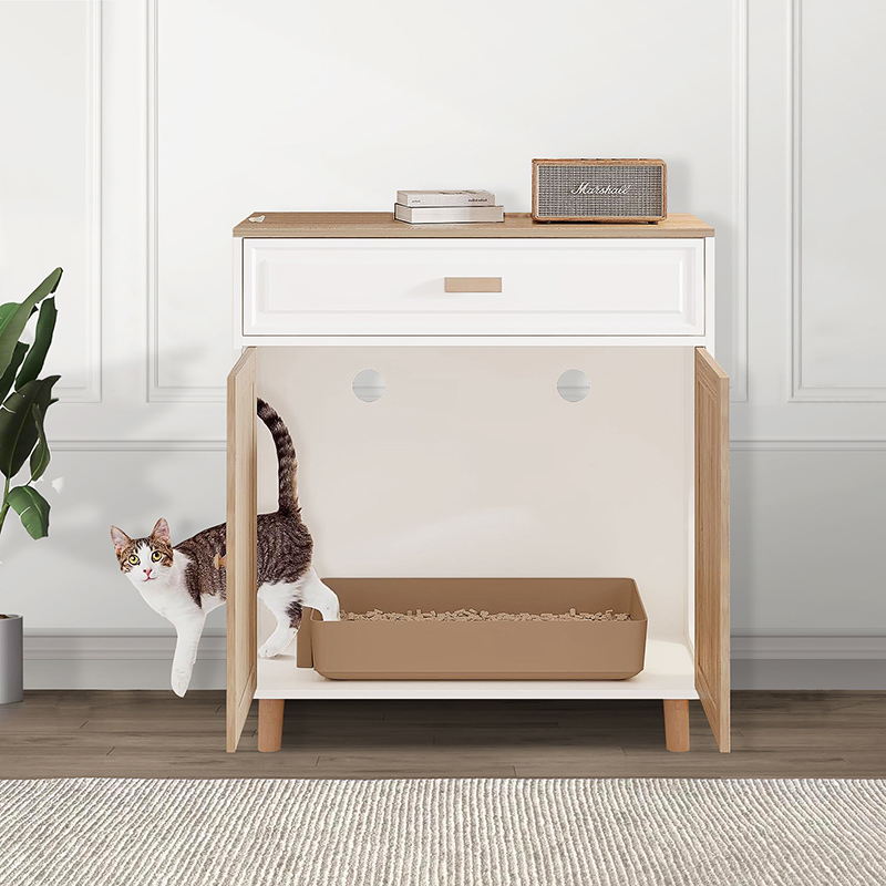 Wooden Cat House & Washroom Cabinet with Scratching Board Doors and Drawer