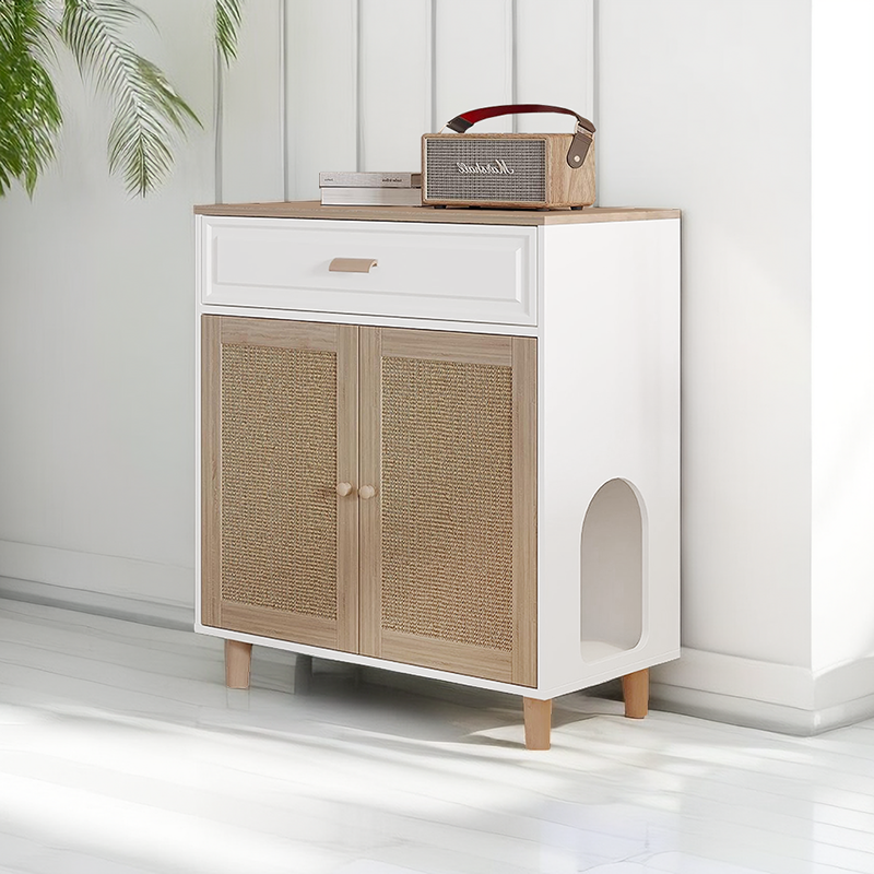 Wooden Cat House & Washroom Cabinet with Scratching Board Doors and Drawer