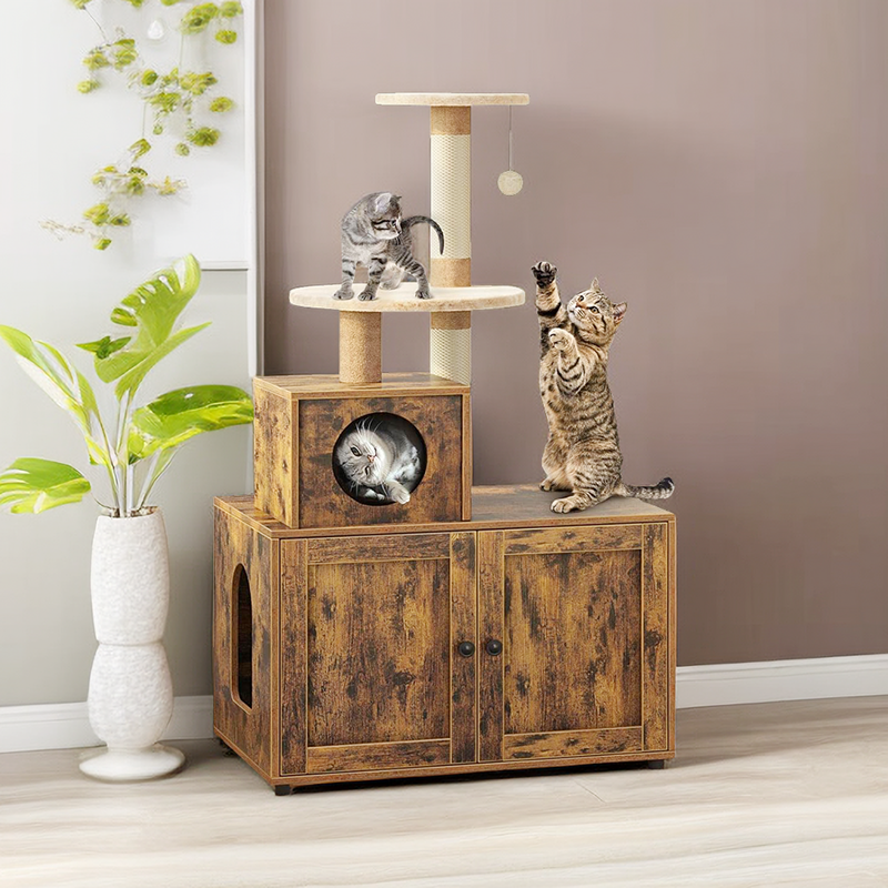 Wooden Cat House with Cat Tree Tower to Enlarge the Litter Cabine