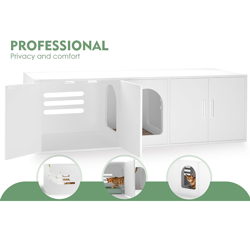 Wooden Cat Litter Box Enclosure Furniture with Double Room for 2 cats