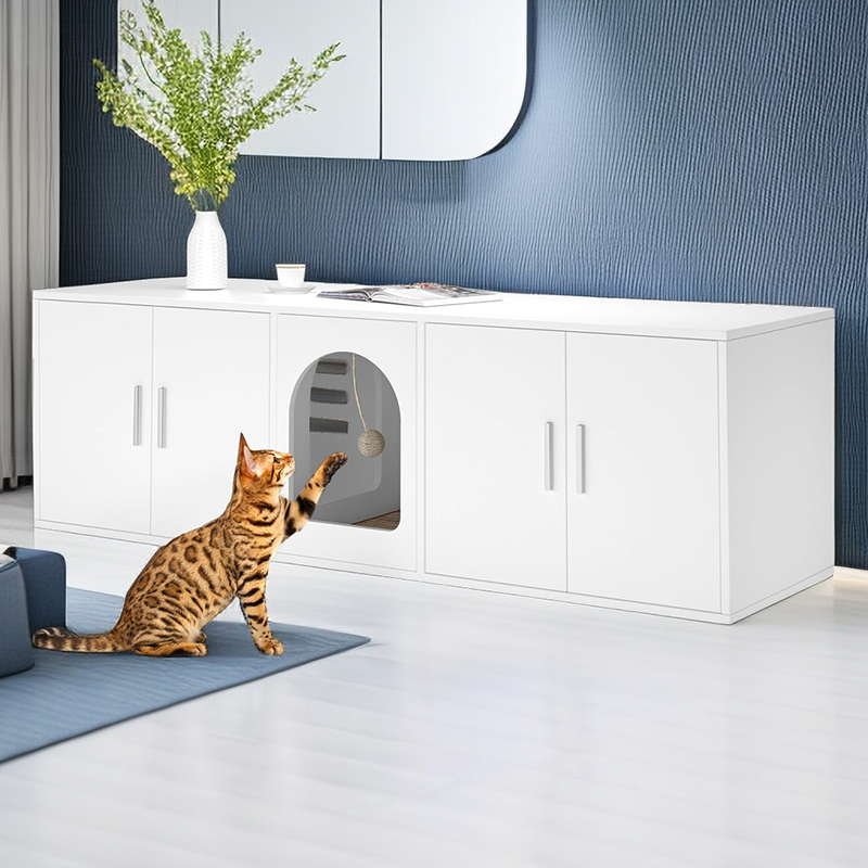 Wooden Cat Litter Box Enclosure Furniture with Double Room for 2 cats